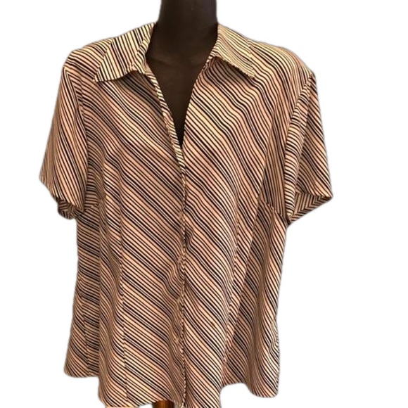 1X Worthington Easy Care Stretch black white & gold stripe button up shirt - Picture 2 of 15